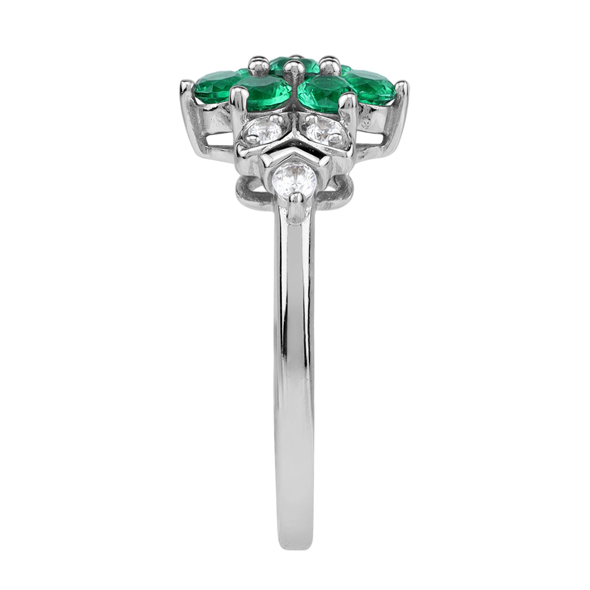 Created Round Shape Nano Green Emerald White Gold Plated 925 Sterling Silver Flower & Leaf Ring May Gemstone Birthstone Jewelry for Women - Silvershake-store