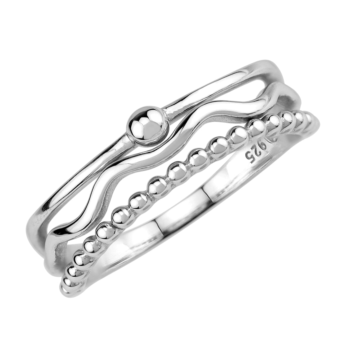 3-Line White Gold Plated 925 Sterling Silver Minimalist Bead Ball and Wavy Zig Zag Trendy Chic Ring silvershake