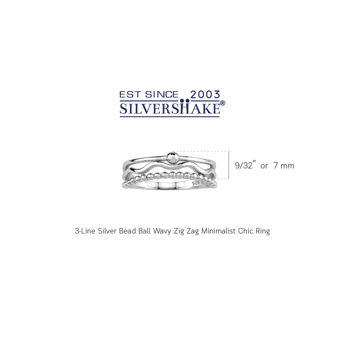 3-Line White Gold Plated 925 Sterling Silver Minimalist Bead Ball and Wavy Zig Zag Trendy Chic Ring silvershake