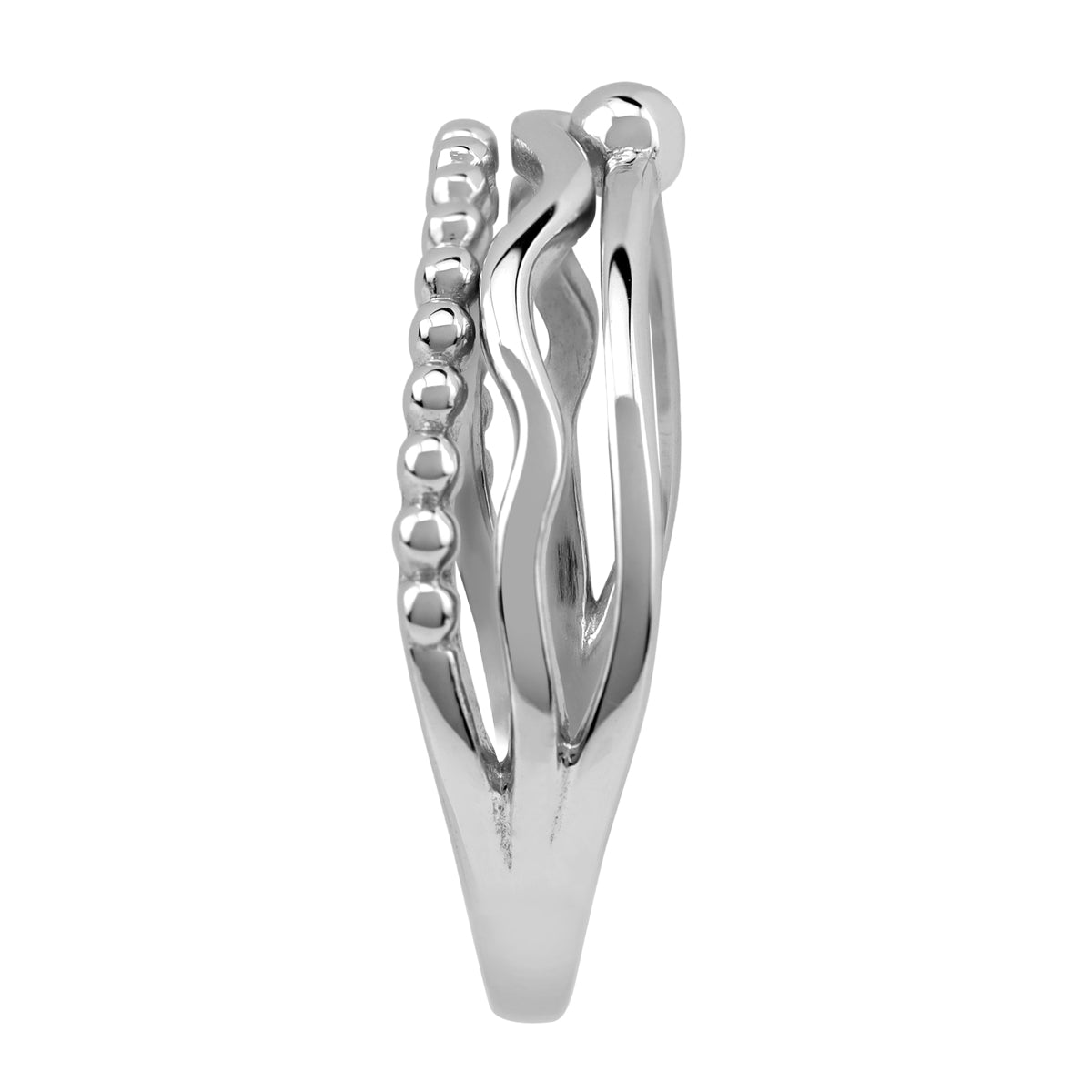 3-Line White Gold Plated 925 Sterling Silver Minimalist Bead Ball and Wavy Zig Zag Trendy Chic Ring silvershake