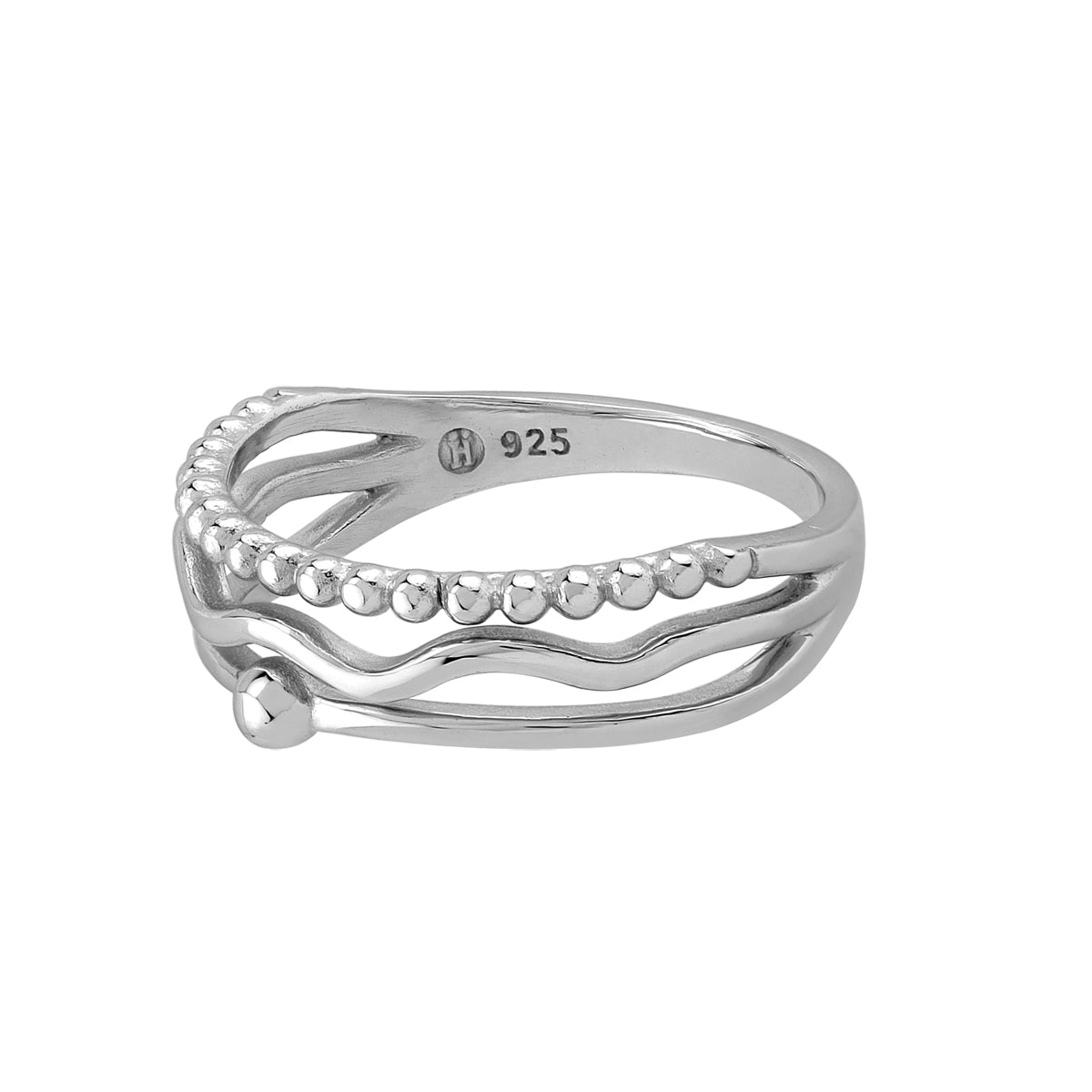 3-Line White Gold Plated 925 Sterling Silver Minimalist Bead Ball and Wavy Zig Zag Trendy Chic Ring silvershake