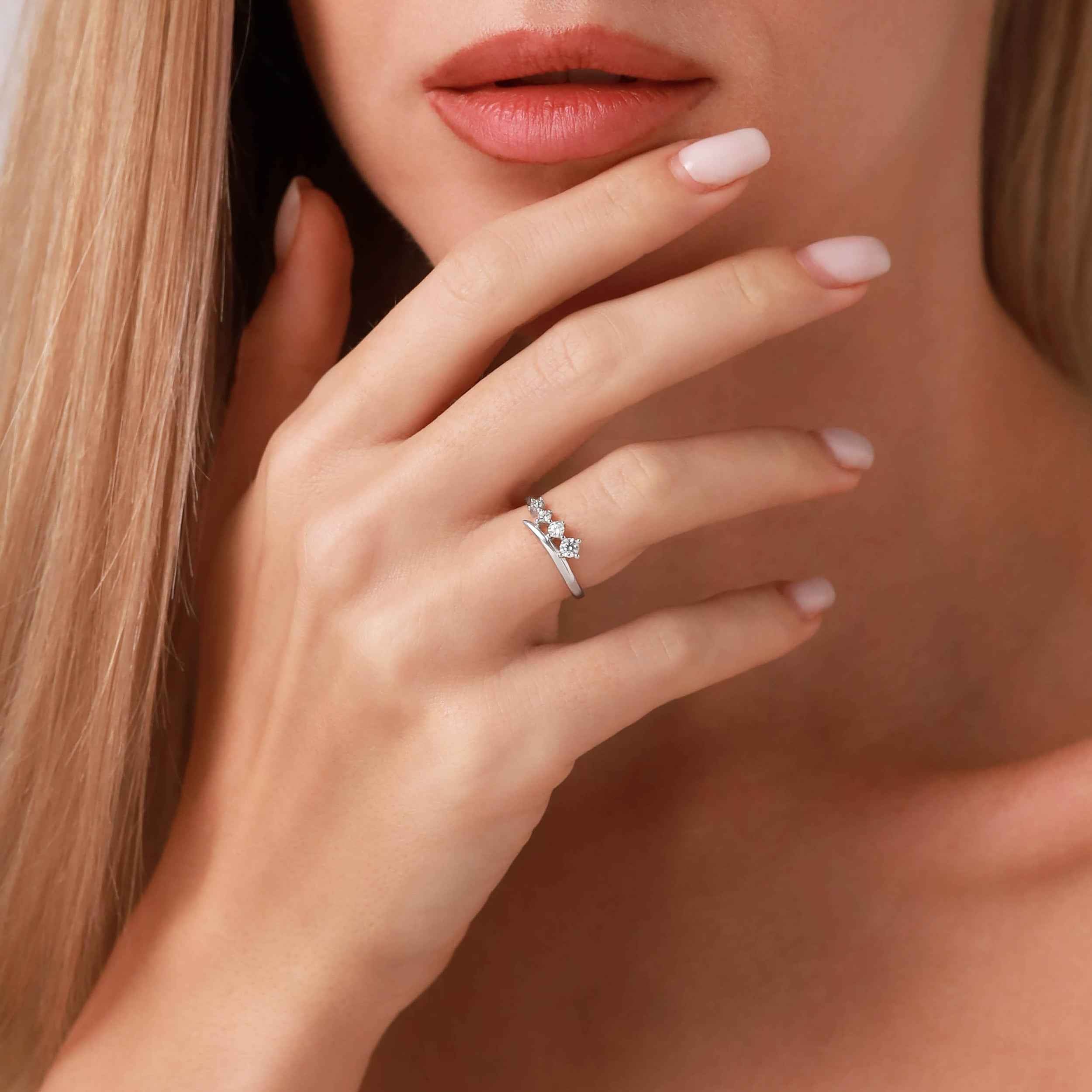 Cubic Zirconia White Gold Plated 925 Sterling Silver Minimalist Chic Journey Promise Stackable Ring