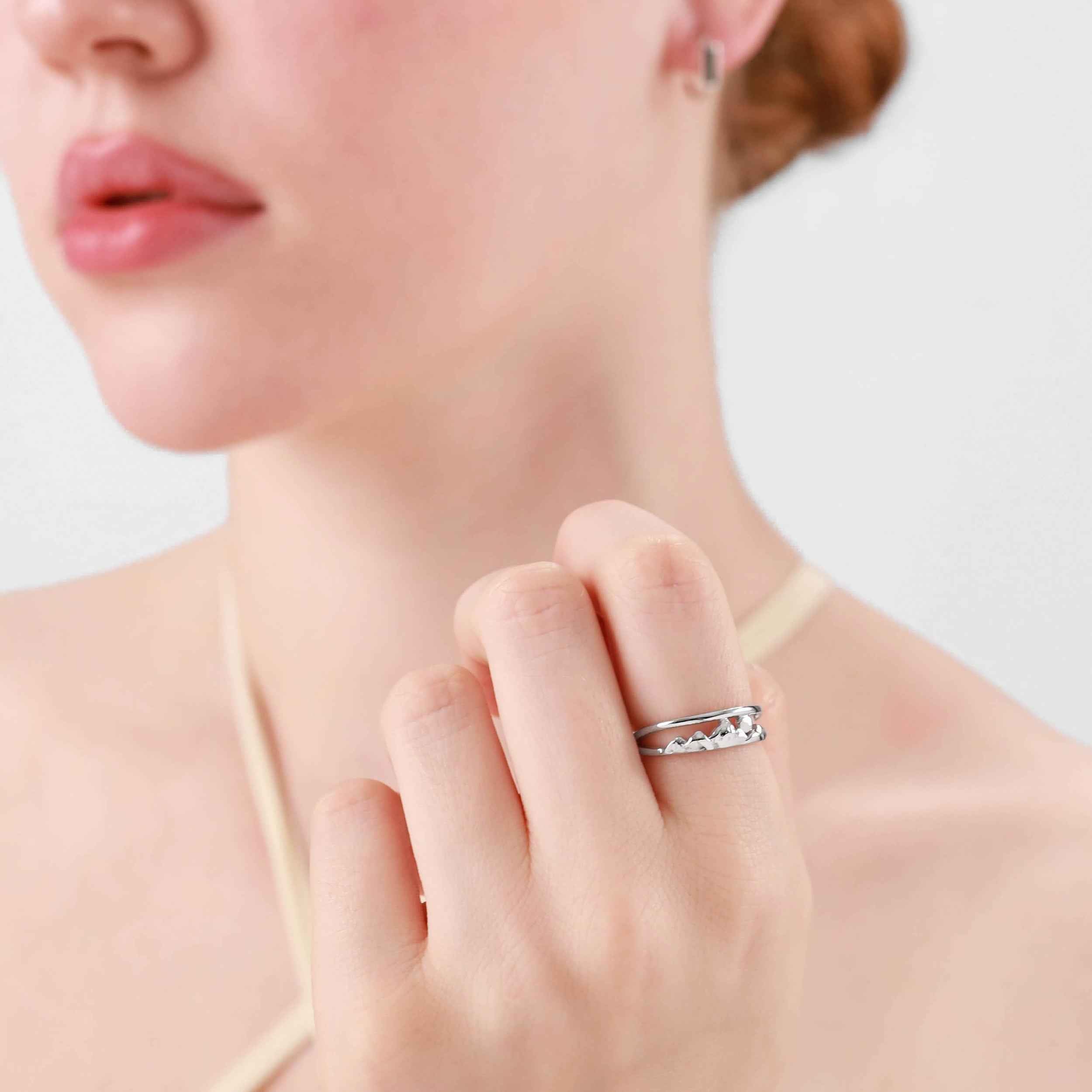 White Gold Plated 925 Sterling Silver Minimalist Mountain / Nature / Camper / Climber Casual Ring
