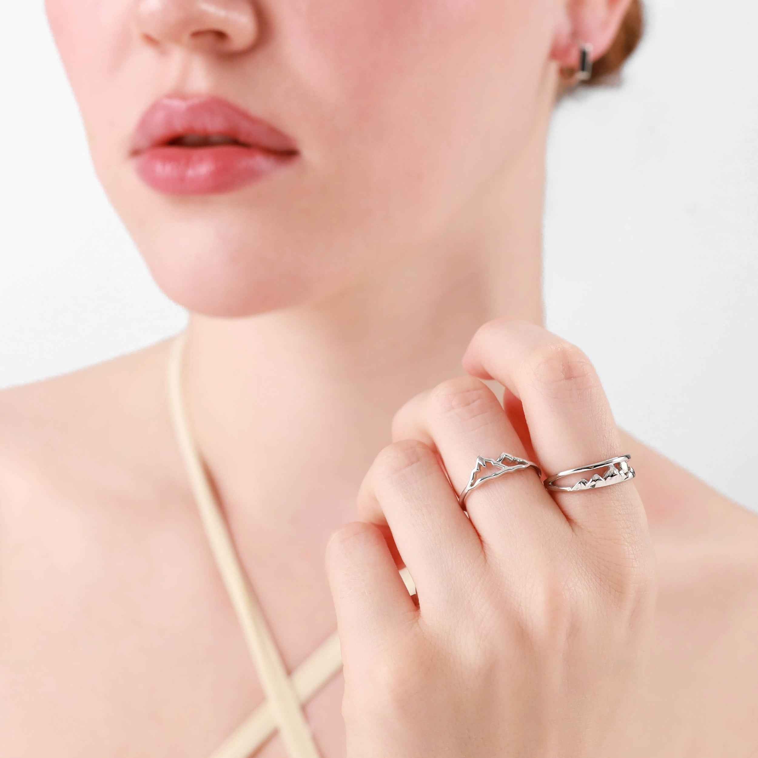 White Gold Plated 925 Sterling Silver Minimalist Scroll / Filigree Mountain / Nature / Camper / Climber Casual Ring