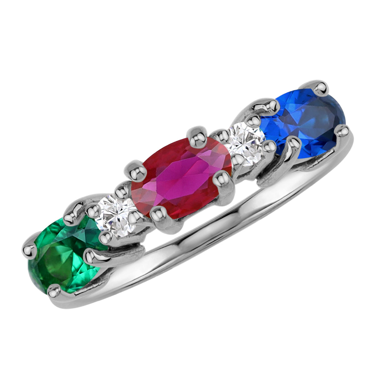 3-Stone 6X4mm Oval Shape Created Nano Green Emerald, Blue Sapphire and Simulated Red Ruby White Gold Plated 925 Sterling Silver Ring Family Gemstone Birthstone Jewelry for Women - Silvershake-store