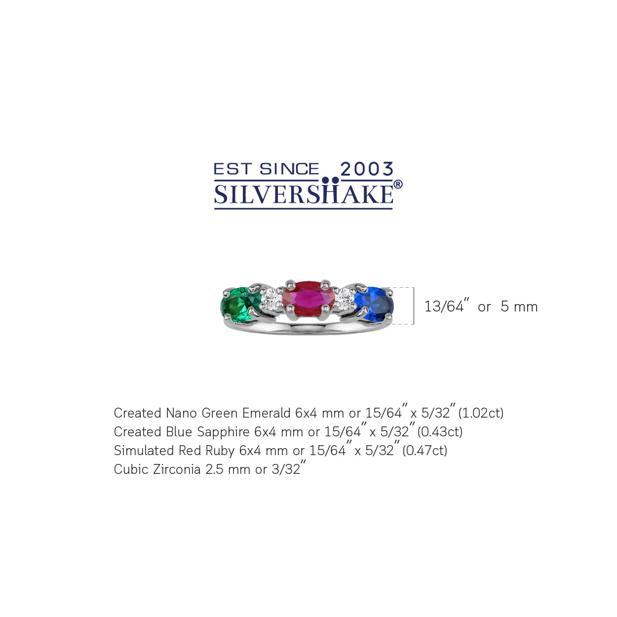 3-Stone 6X4mm Oval Shape Created Nano Green Emerald, Blue Sapphire and Simulated Red Ruby White Gold Plated 925 Sterling Silver Ring Family Gemstone Birthstone Jewelry for Women - Silvershake-store