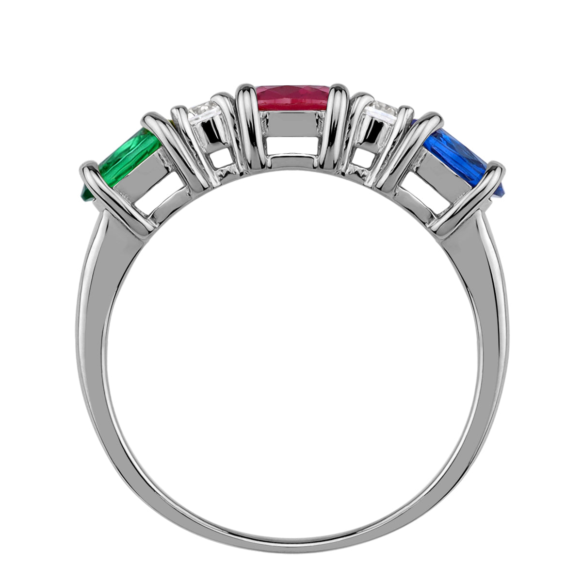 3-Stone 6X4mm Oval Shape Created Nano Green Emerald, Blue Sapphire and Simulated Red Ruby White Gold Plated 925 Sterling Silver Ring Family Gemstone Birthstone Jewelry for Women - Silvershake-store