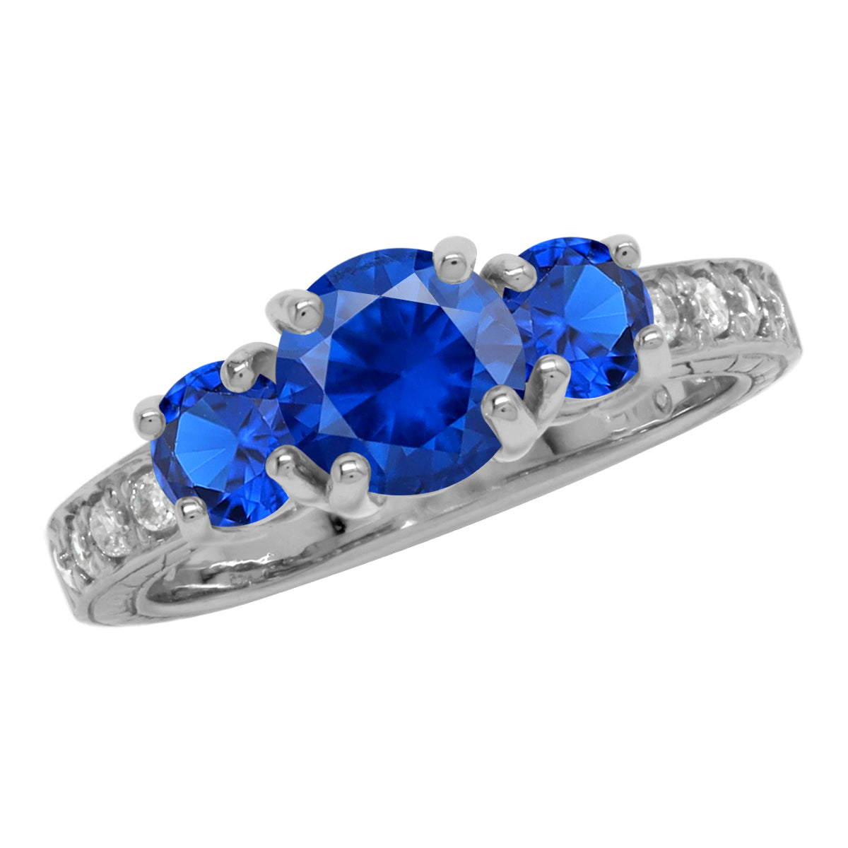 3-Stone Created Round Shape Blue Sapphire White Gold Plated 925 Sterling Silver Anniversary Engagement Ring September Gemstone Birthstone Jewelry for Women - Silvershake-store