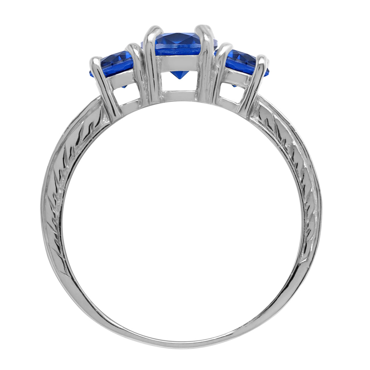 3-Stone Created Round Shape Blue Sapphire White Gold Plated 925 Sterling Silver Anniversary Engagement Ring September Gemstone Birthstone Jewelry for Women - Silvershake-store