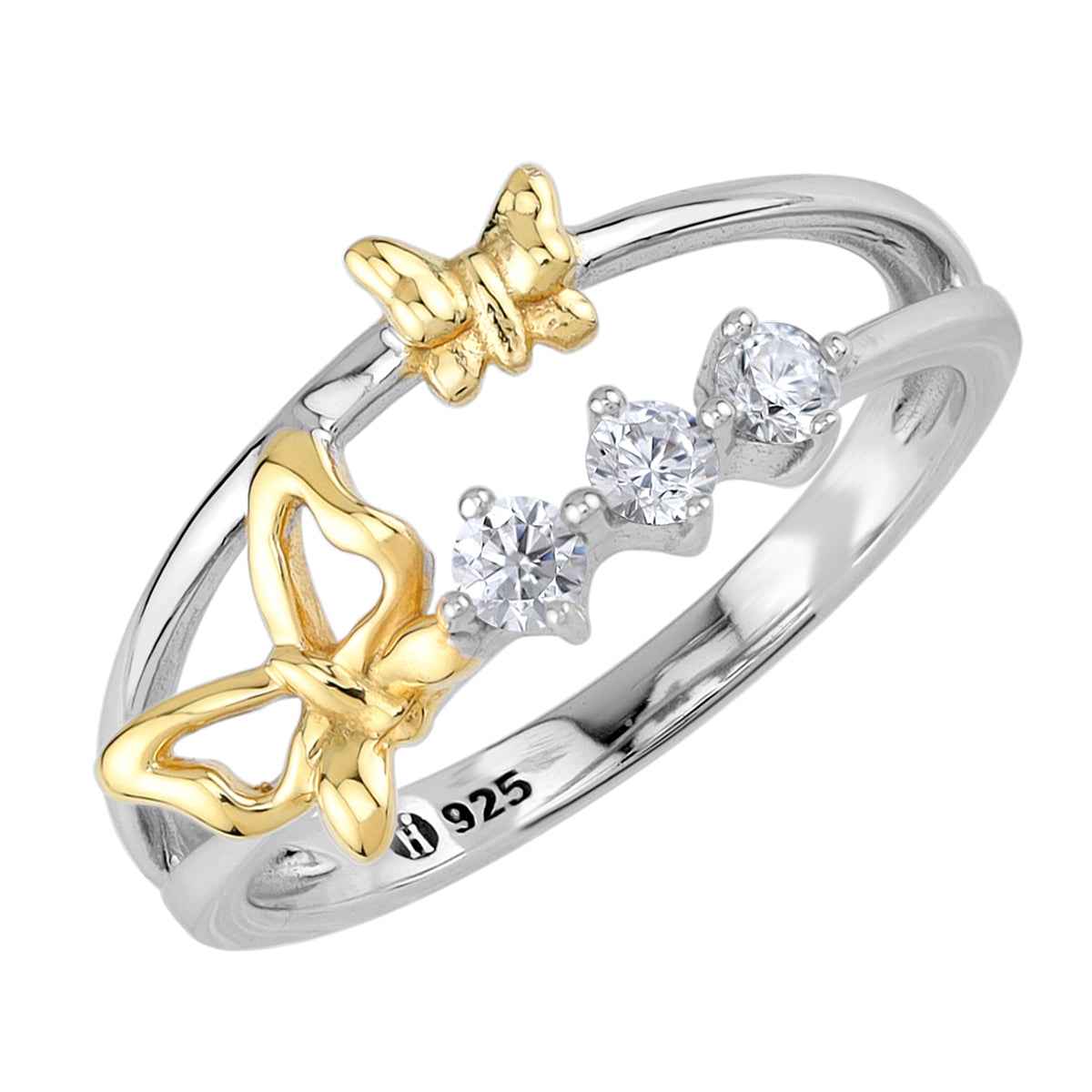 3-Stone Cubic Zirconia White Gold Plated 925 Sterling Silver with 14K Yellow Gold Plated Butterfly Casual Ring