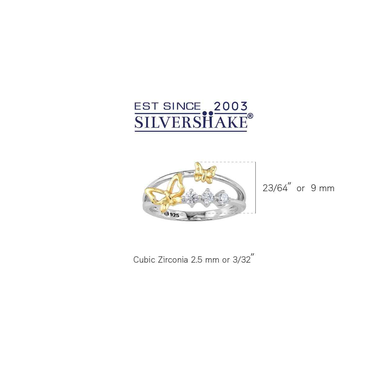 3-Stone Cubic Zirconia White Gold Plated 925 Sterling Silver with 14K Yellow Gold Plated Butterfly Casual Ring