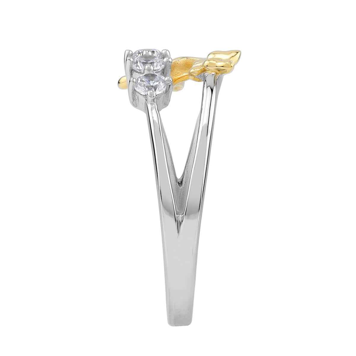 3-Stone Cubic Zirconia White Gold Plated 925 Sterling Silver with 14K Yellow Gold Plated Butterfly Casual Ring