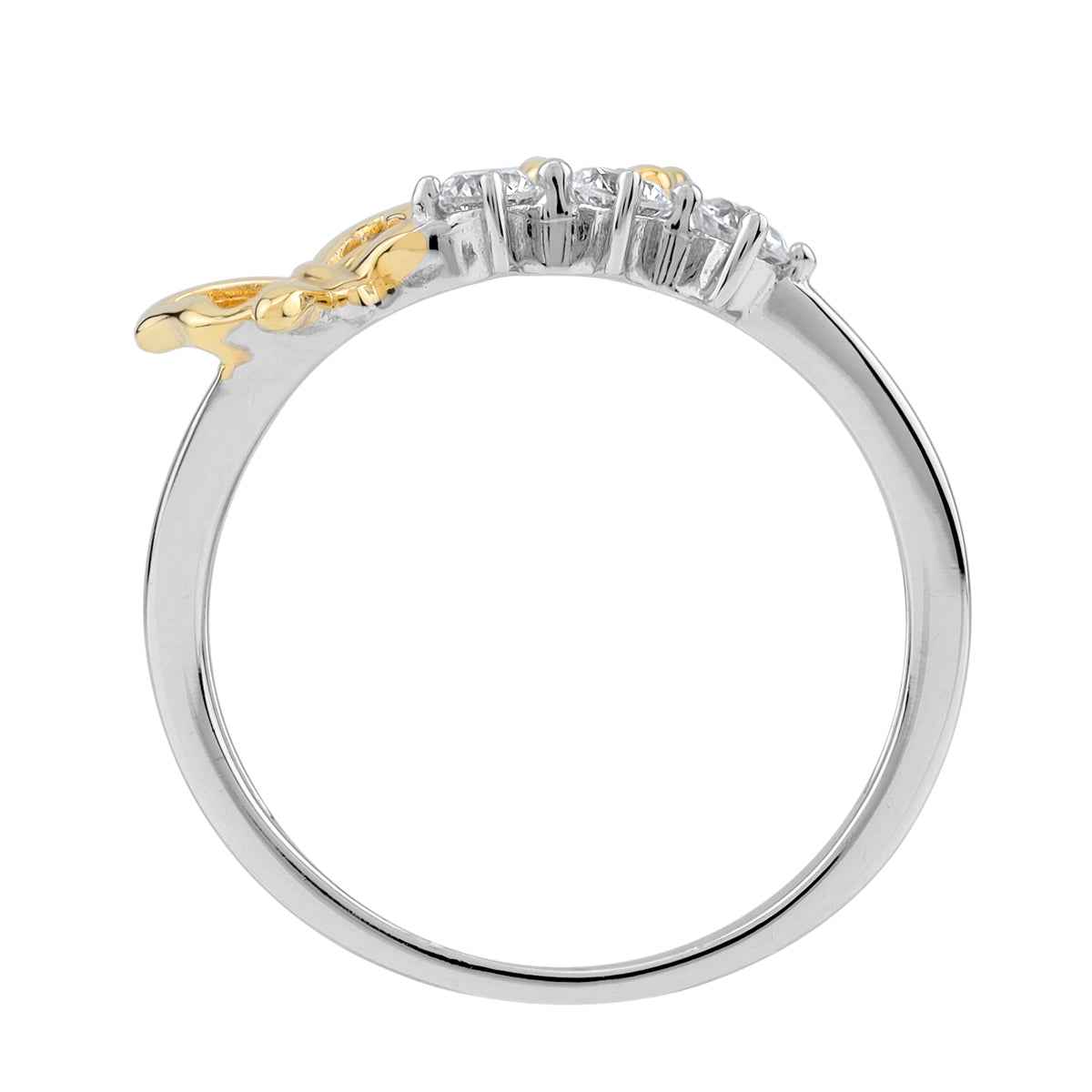 3-Stone Cubic Zirconia White Gold Plated 925 Sterling Silver with 14K Yellow Gold Plated Butterfly Casual Ring