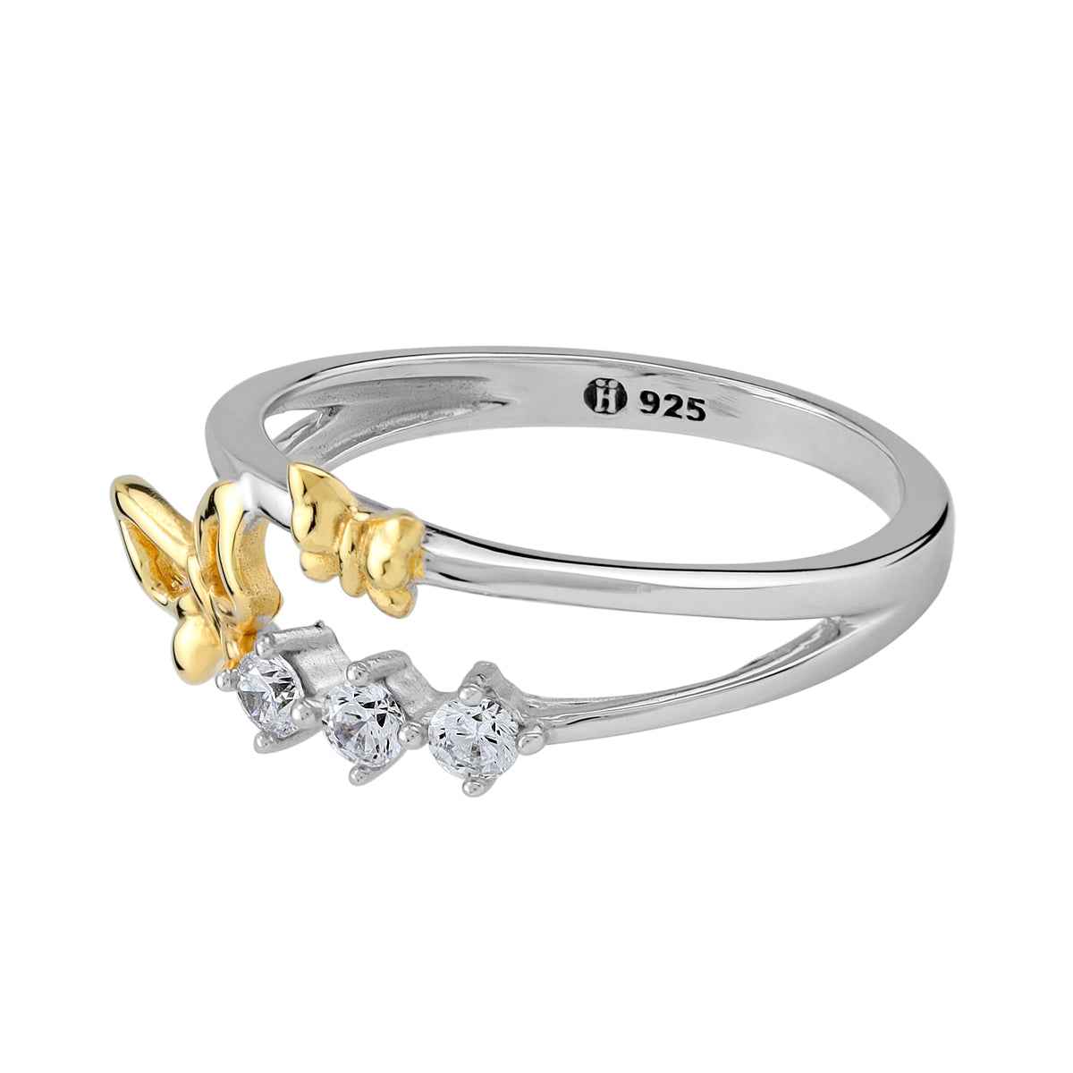 3-Stone Cubic Zirconia White Gold Plated 925 Sterling Silver with 14K Yellow Gold Plated Butterfly Casual Ring
