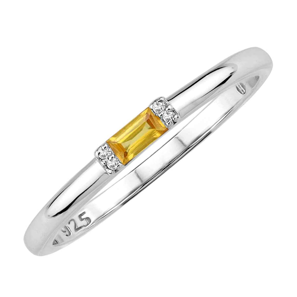 Extra Ultra Petite Natural Yellow Sapphire White Gold Plated 925 Sterling Silver Minimalist Stackable East-West Promise Gemstone Ring