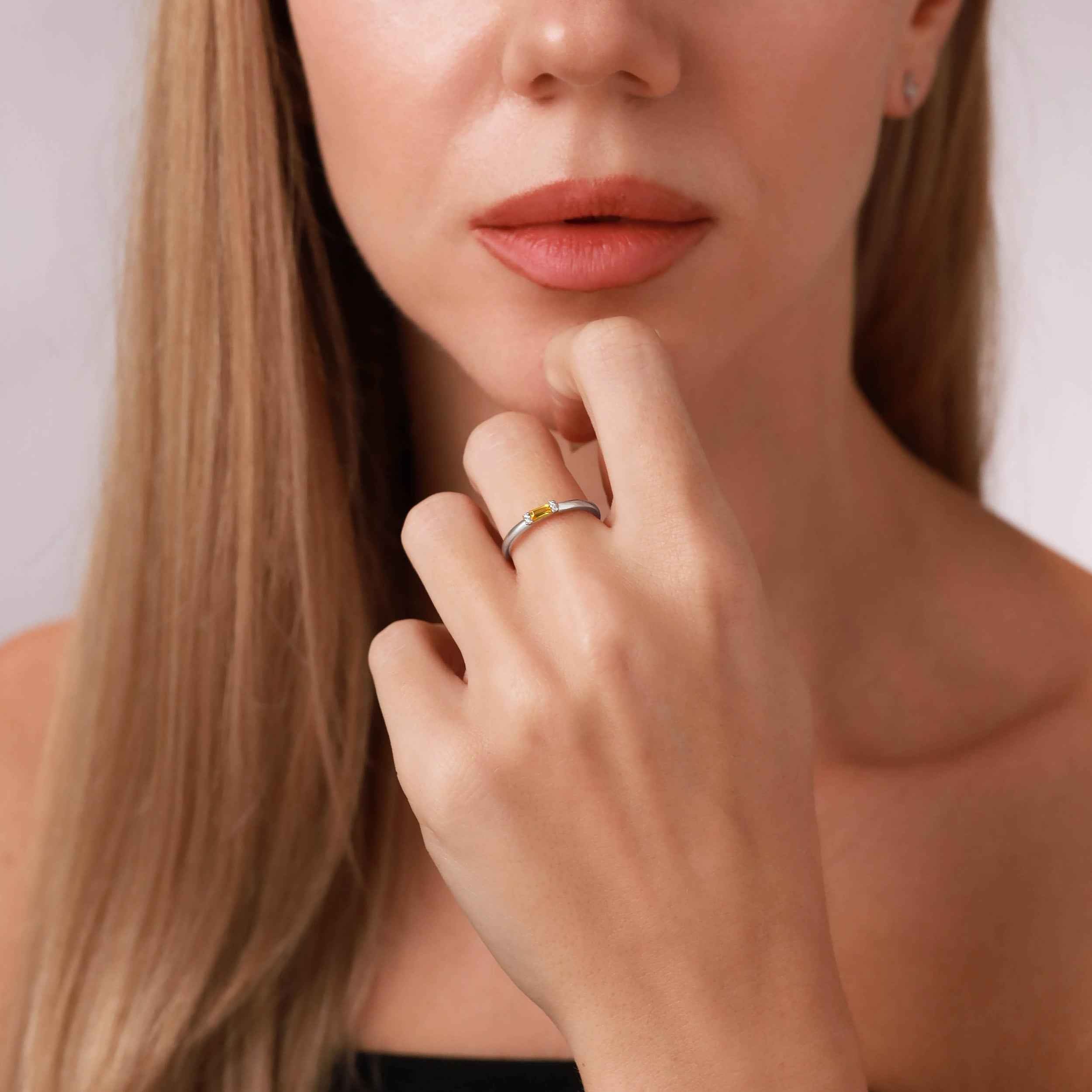 Extra Ultra Petite Natural Yellow Sapphire White Gold Plated 925 Sterling Silver Minimalist Stackable East-West Promise Gemstone Ring