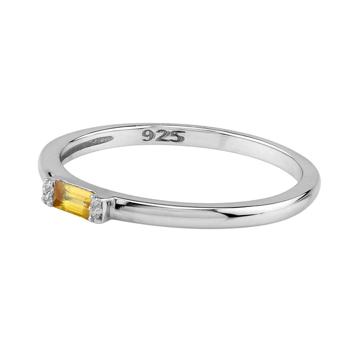 Extra Ultra Petite Natural Yellow Sapphire White Gold Plated 925 Sterling Silver Minimalist Stackable East-West Promise Gemstone Ring