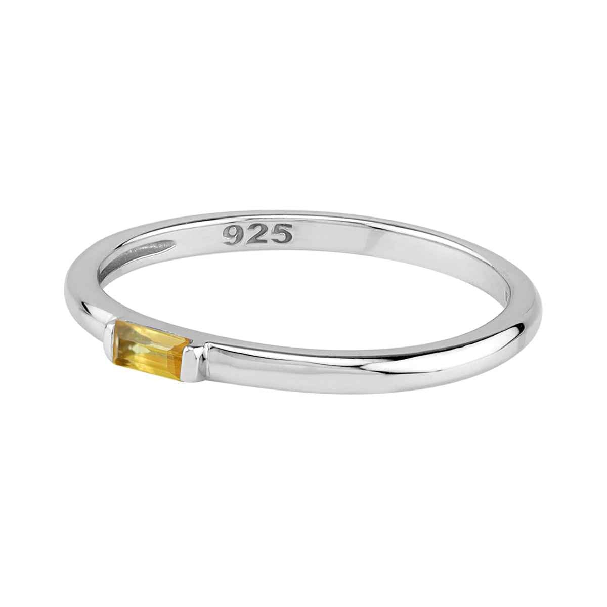 Extra Ultra Petite Natural Yellow Sapphire White Gold Plated 925 Sterling Silver Minimalist Stackable East-West Promise Solitaire Gemstone Ring