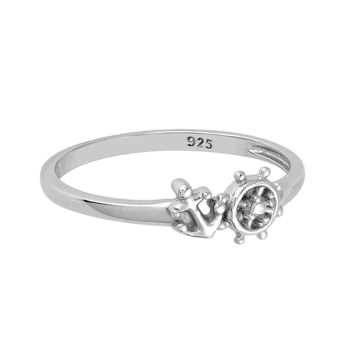Petite White Gold Plated 925 Sterling Silver Minimalist Chic Marine Wheel and Anchor Casual Stackable Ring