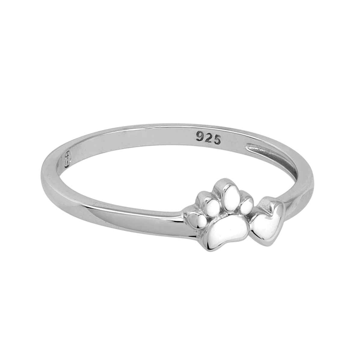 Petite White Gold Plated 925 Sterling Silver Minimalist Chic Cat Dog Paw Foot and Heart Casual Love Stackable Ring