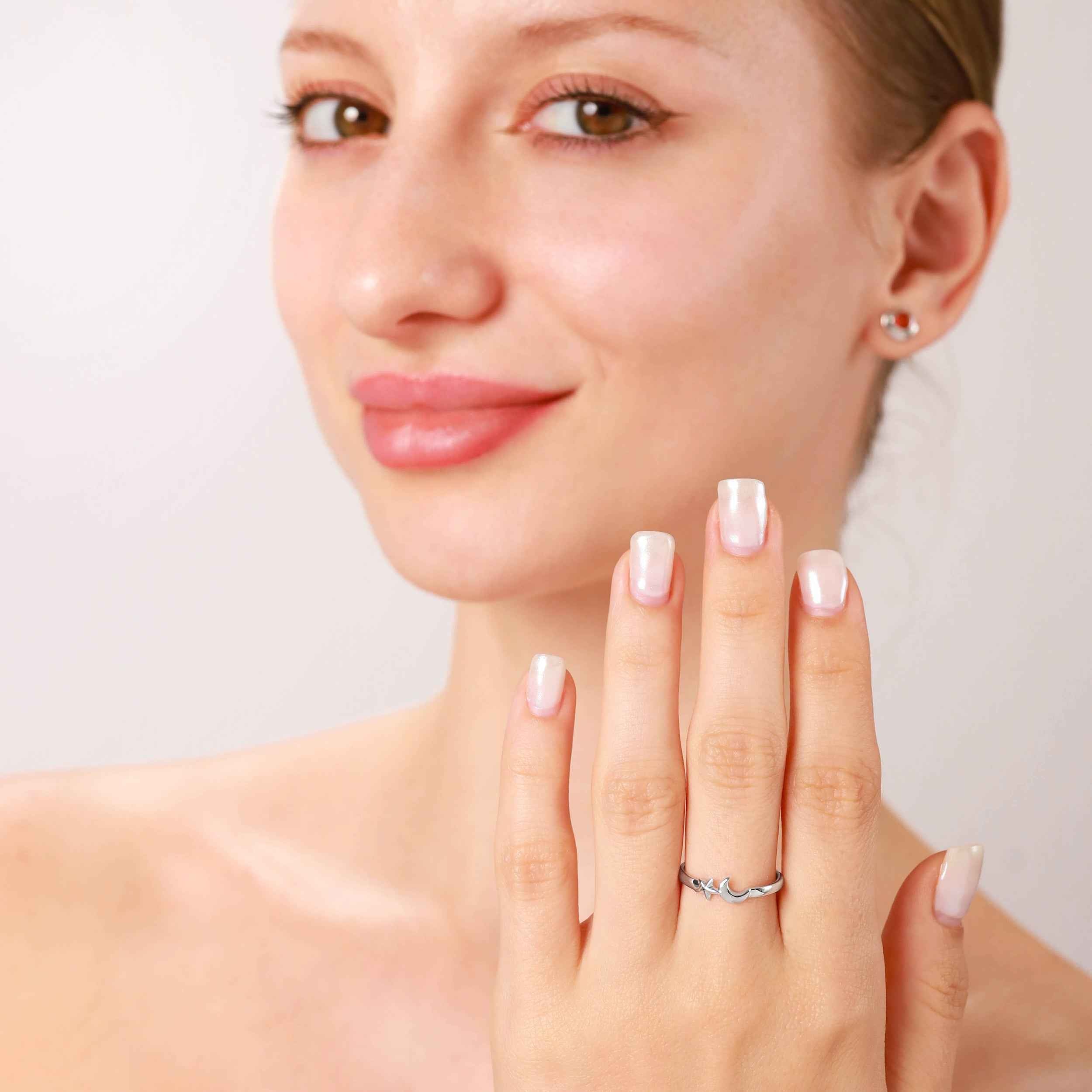 Petite White Gold Plated 925 Sterling Silver Minimalist Chic Crescent Moon and Star Casual Stackable Ring