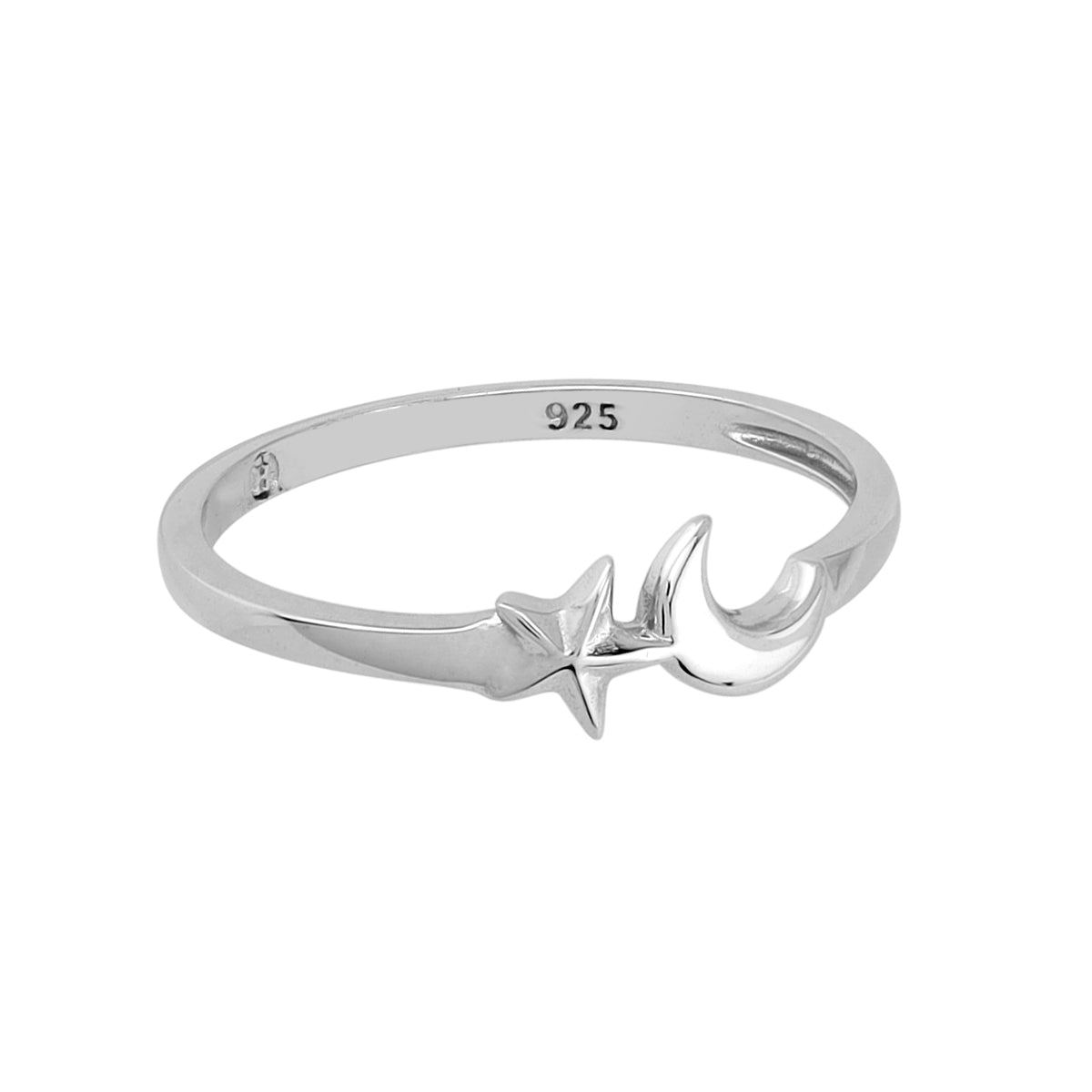 Petite White Gold Plated 925 Sterling Silver Minimalist Chic Crescent Moon and Star Casual Stackable Ring