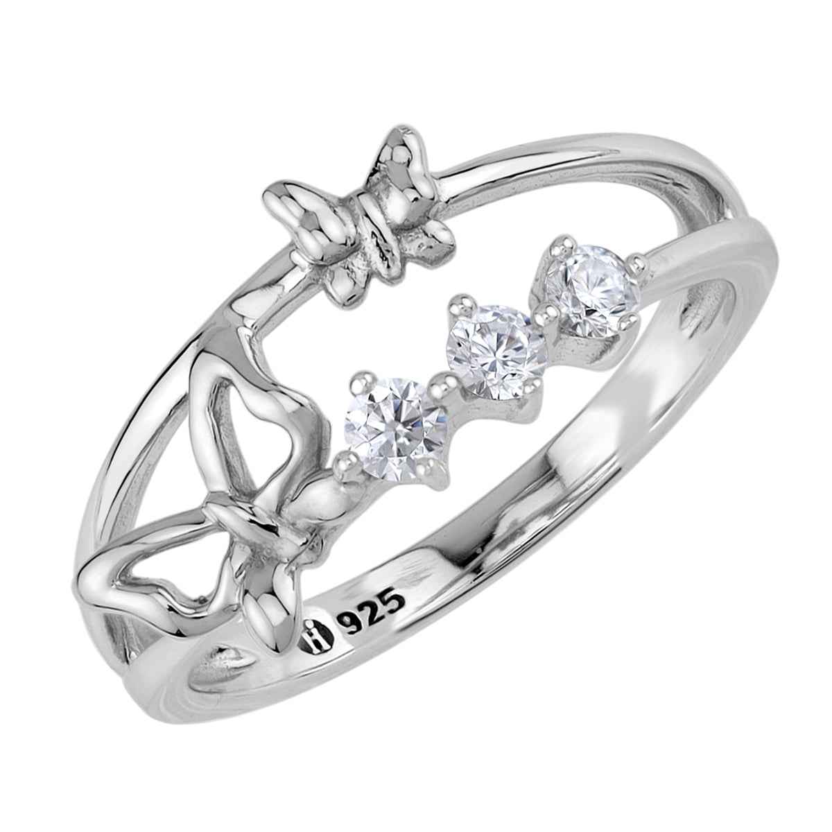 3-Stone Cubic Zirconia White Gold Plated 925 Sterling Silver Butterfly Casual Ring