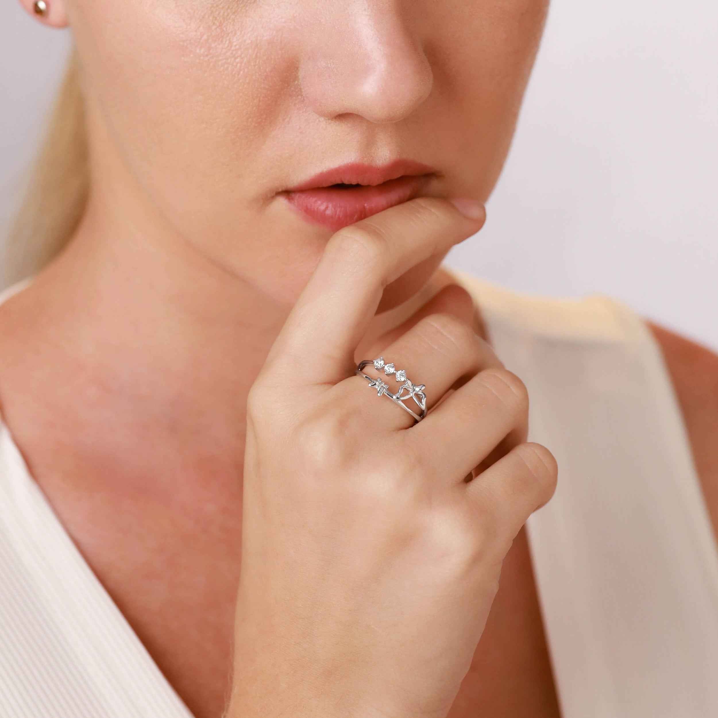 3-Stone Cubic Zirconia White Gold Plated 925 Sterling Silver Butterfly Casual Ring