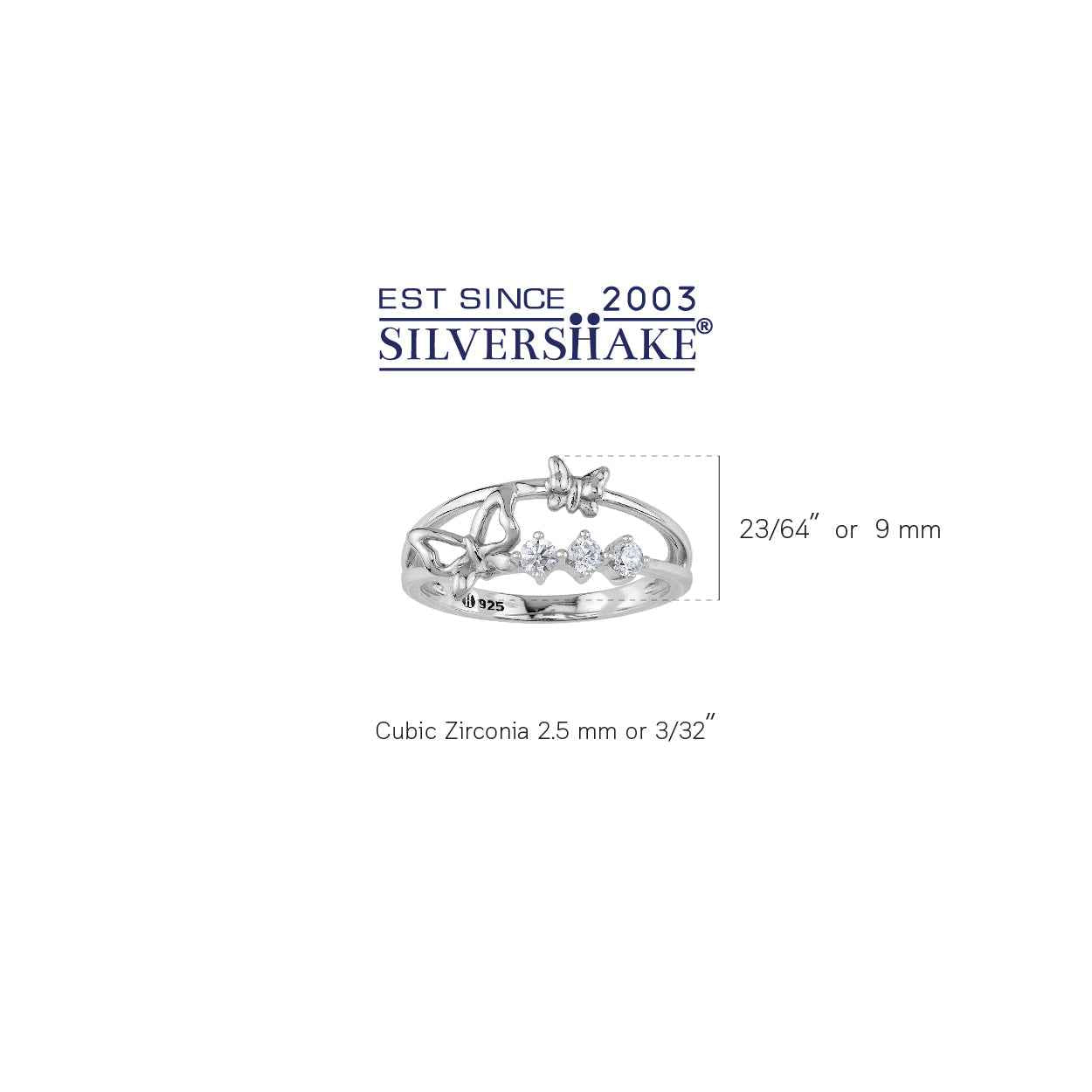3-Stone Cubic Zirconia White Gold Plated 925 Sterling Silver Butterfly Casual Ring