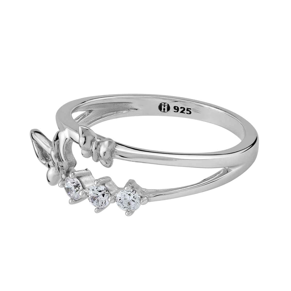 3-Stone Cubic Zirconia White Gold Plated 925 Sterling Silver Butterfly Casual Ring