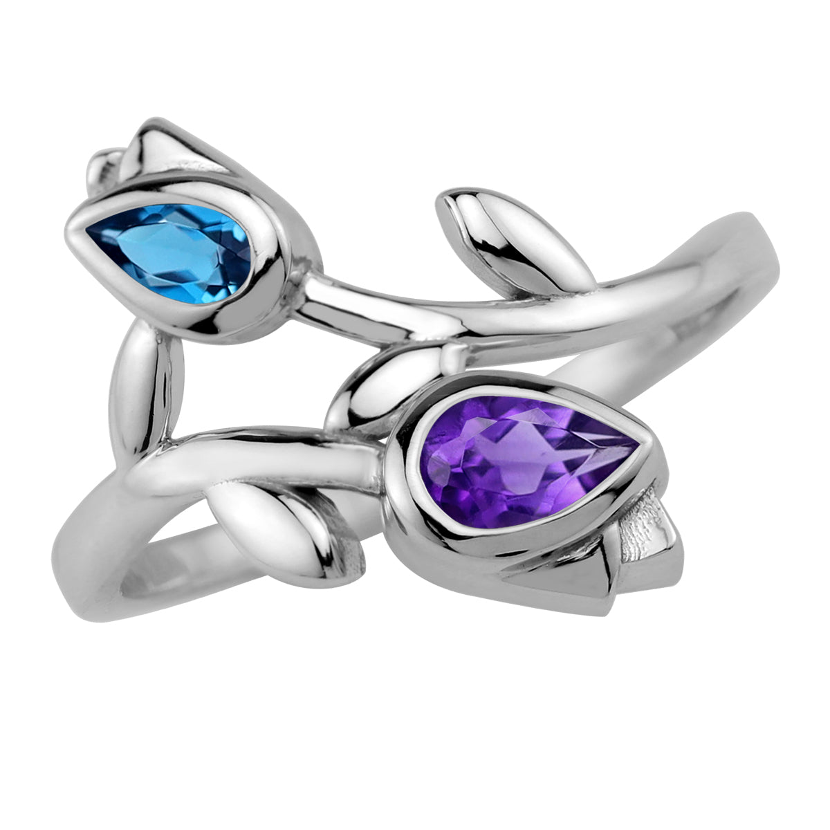 Genuine African Purple Amethyst and London Blue Topaz White Gold Plated 925 Sterling Silver Tulip Flower Bypass Gemstone Ring Jewelry for Women - Silvershake-store