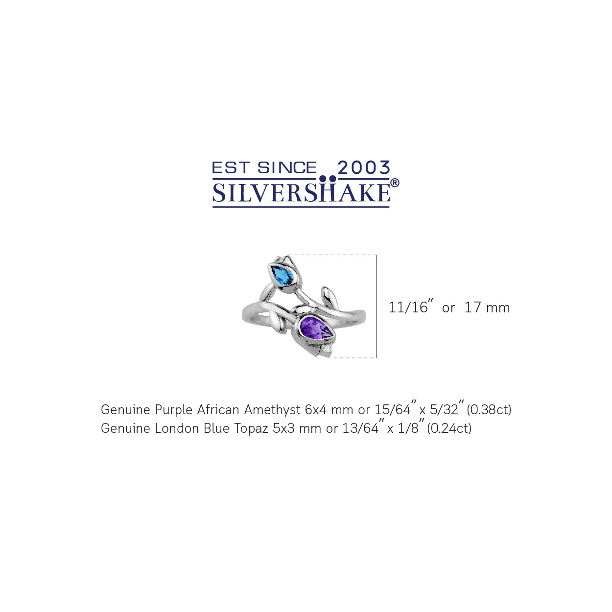 Genuine African Purple Amethyst and London Blue Topaz White Gold Plated 925 Sterling Silver Tulip Flower Bypass Gemstone Ring Jewelry for Women - Silvershake-store