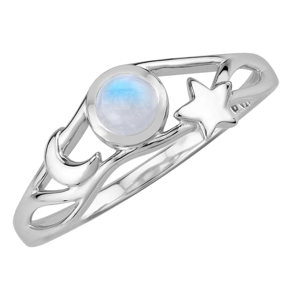 4MM Natural Round Shape Rainbow Moonstone White Gold Plated 925 Sterling Silver Scroll / Filigree Crescent Moon and Star Casual Ring