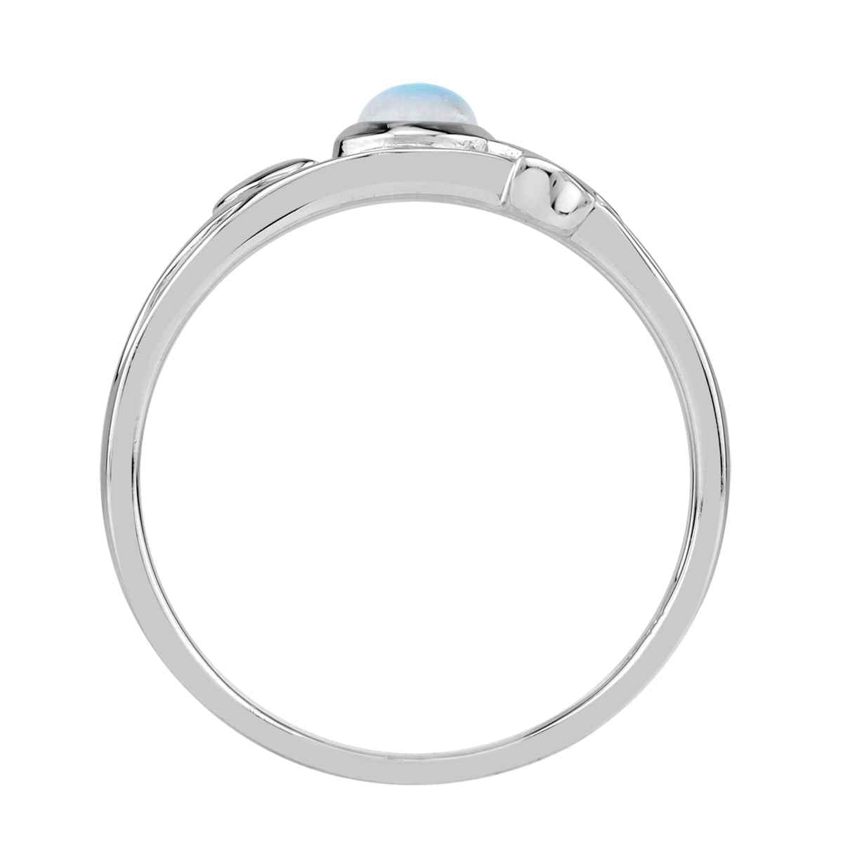 4MM Natural Round Shape Rainbow Moonstone White Gold Plated 925 Sterling Silver Scroll / Filigree Crescent Moon and Star Casual Ring