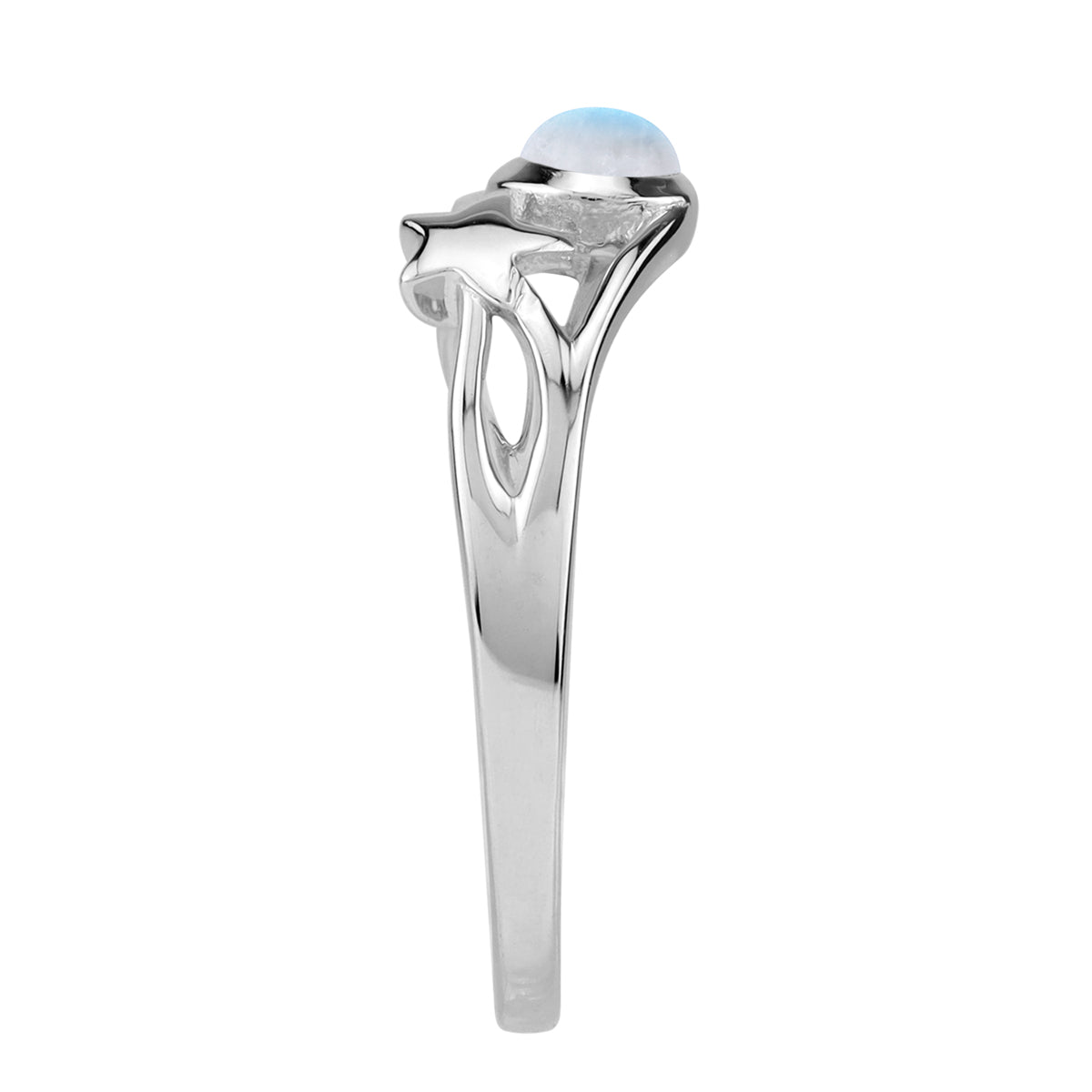 4MM Natural Round Shape Rainbow Moonstone White Gold Plated 925 Sterling Silver Scroll / Filigree Crescent Moon and Star Casual Ring