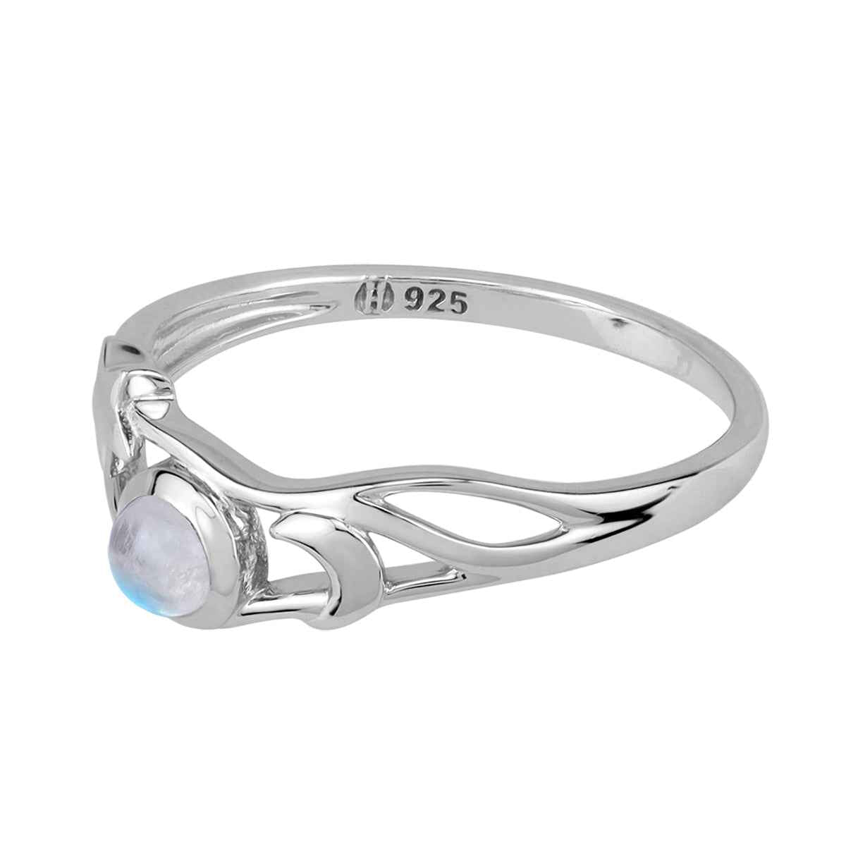 4MM Natural Round Shape Rainbow Moonstone White Gold Plated 925 Sterling Silver Scroll / Filigree Crescent Moon and Star Casual Ring
