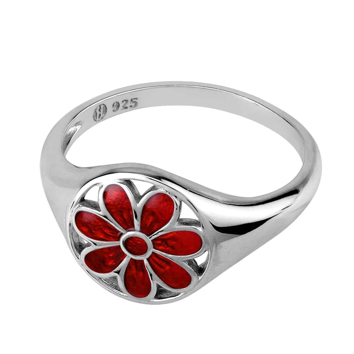 Red Enamel 925 Sterling Silver Scroll / Filigree Flower Casual Circle Ring