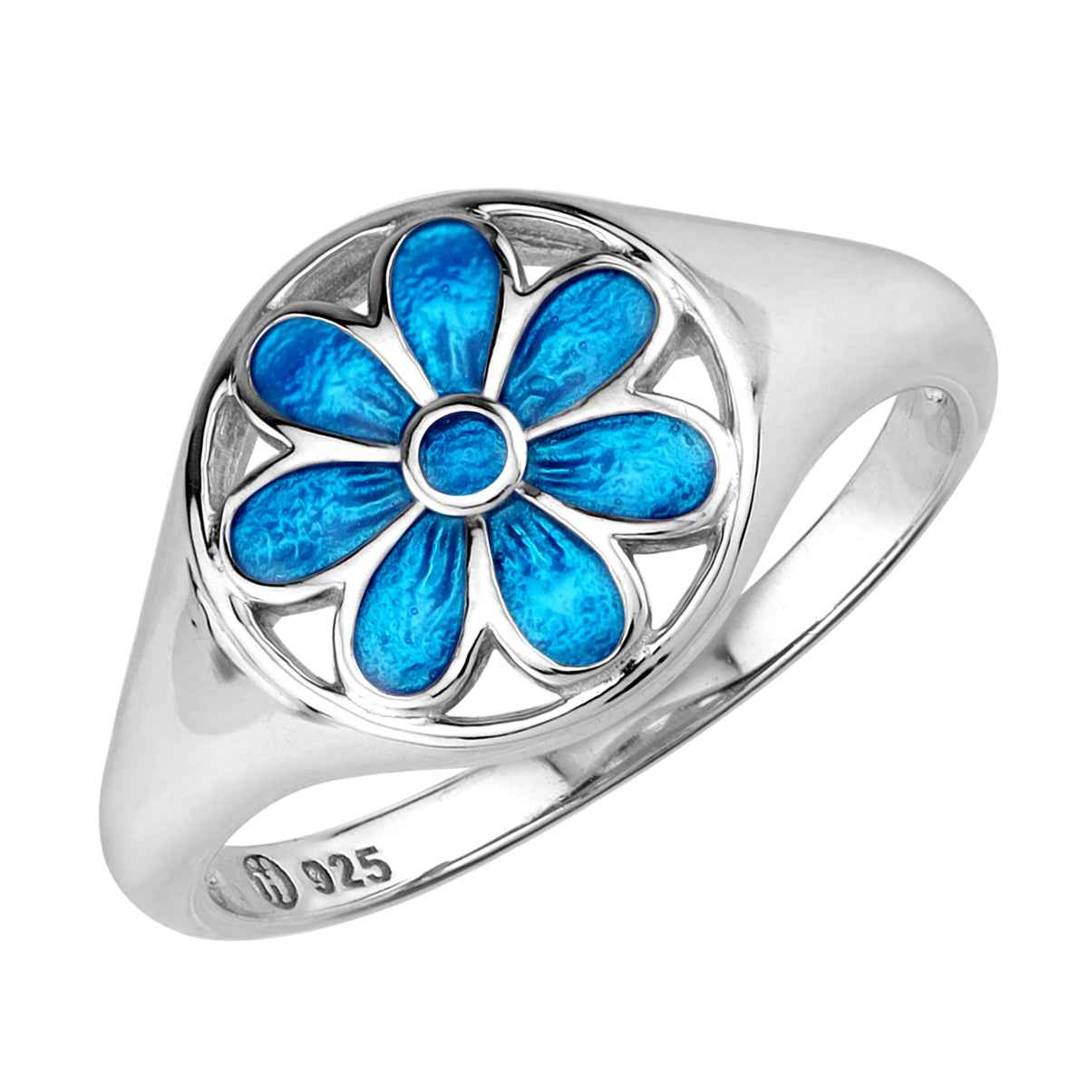 Blue Enamel 925 Sterling Silver Scroll / Filigree Flower Casual Circle Ring