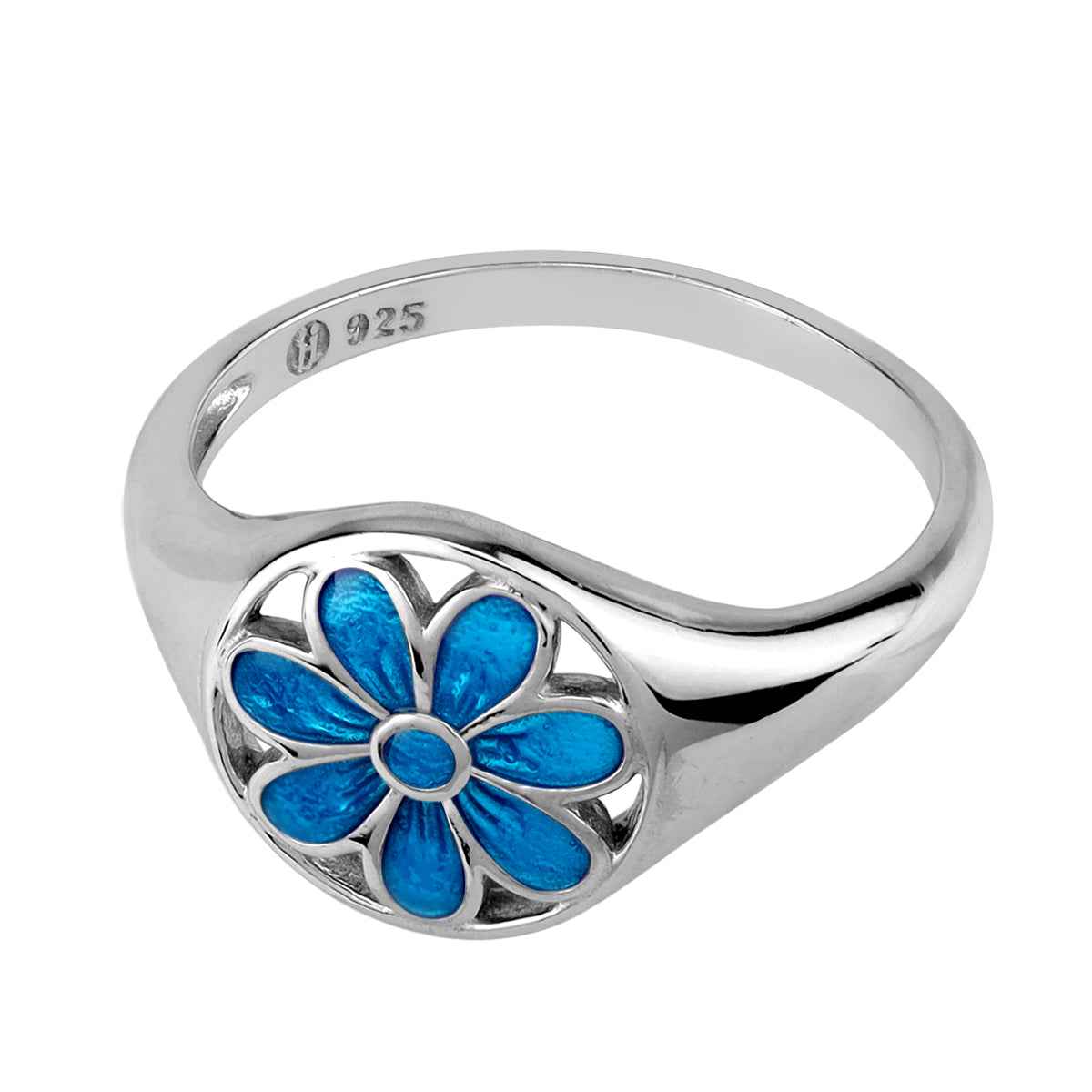 Blue Enamel 925 Sterling Silver Scroll / Filigree Flower Casual Circle Ring