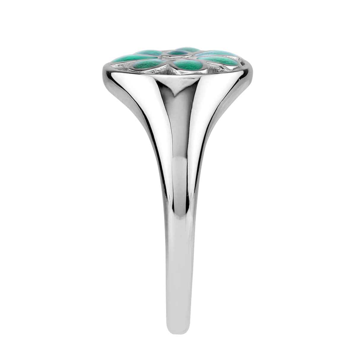 Green Enamel 925 Sterling Silver Scroll / Filigree Flower Casual Circle Ring