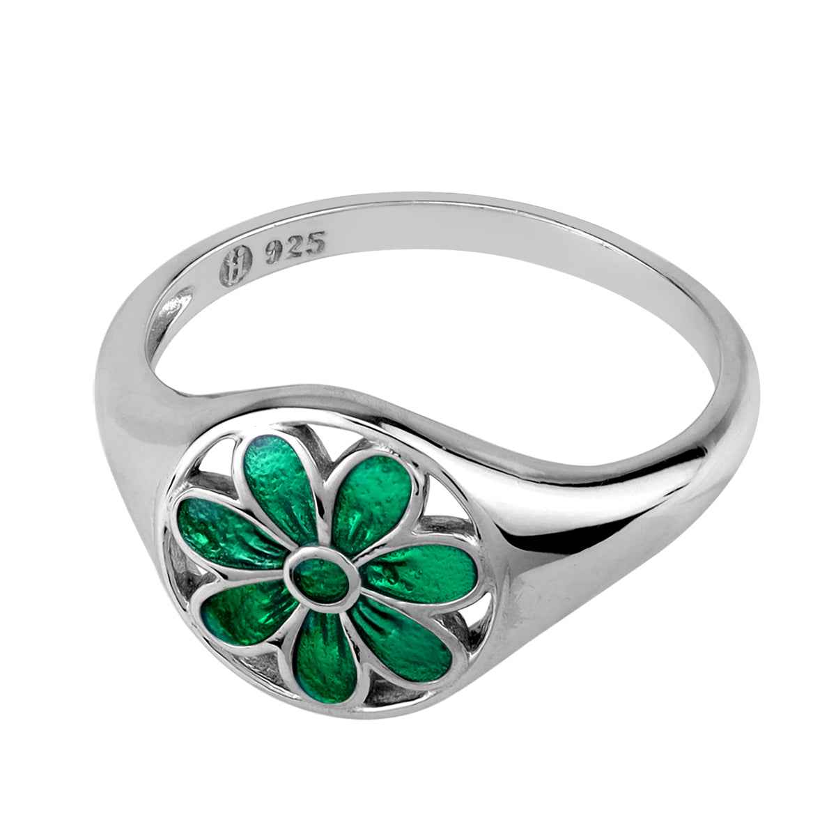 Green Enamel 925 Sterling Silver Scroll / Filigree Flower Casual Circle Ring