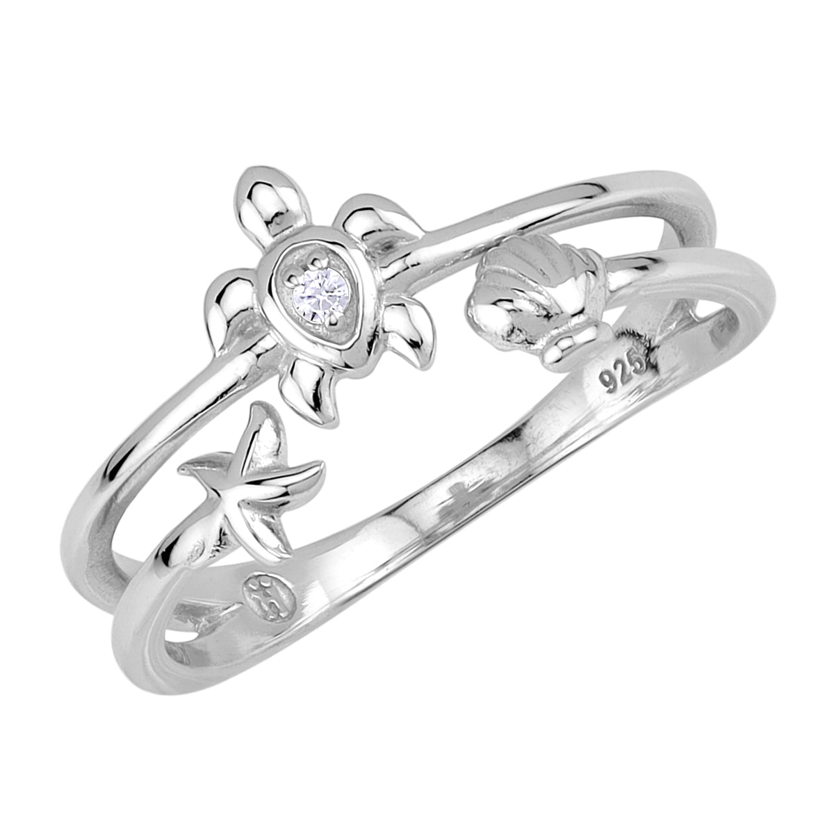 White Cubic Zirconia 925 Sterling Silver Minimalist Turtle, Starfish and Shell Sealife Casual Ring silvershake