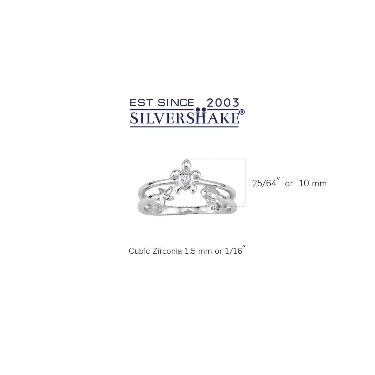 White Cubic Zirconia 925 Sterling Silver Minimalist Turtle, Starfish and Shell Sealife Casual Ring silvershake