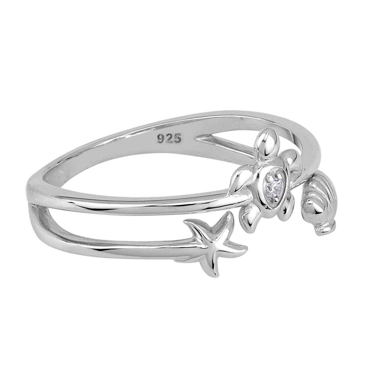 White Cubic Zirconia 925 Sterling Silver Minimalist Turtle, Starfish and Shell Sealife Casual Ring silvershake