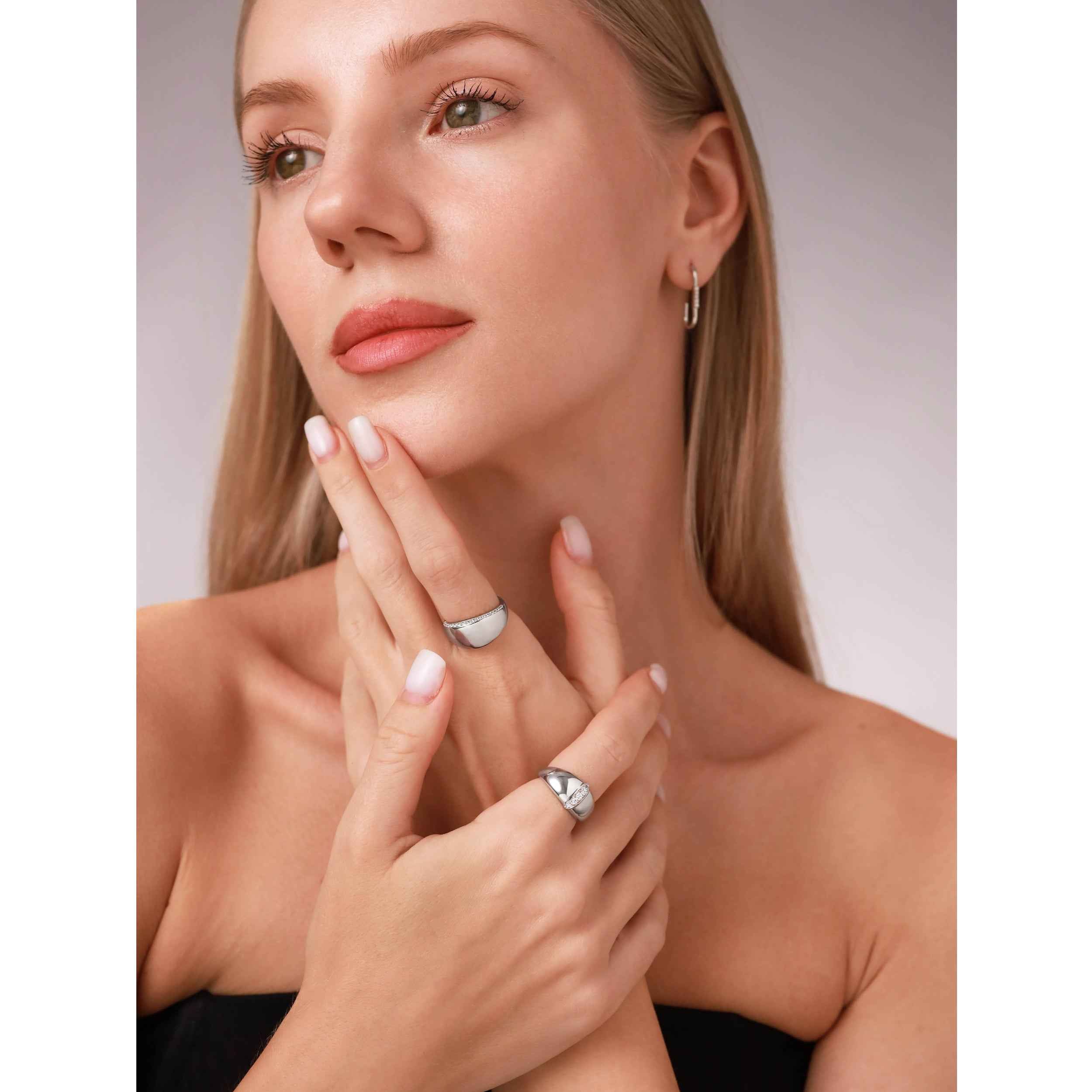Round Shape Cubic Zirconia White Gold Plated 925 Sterling Silver Journey Vertical Fashion Dome Ring