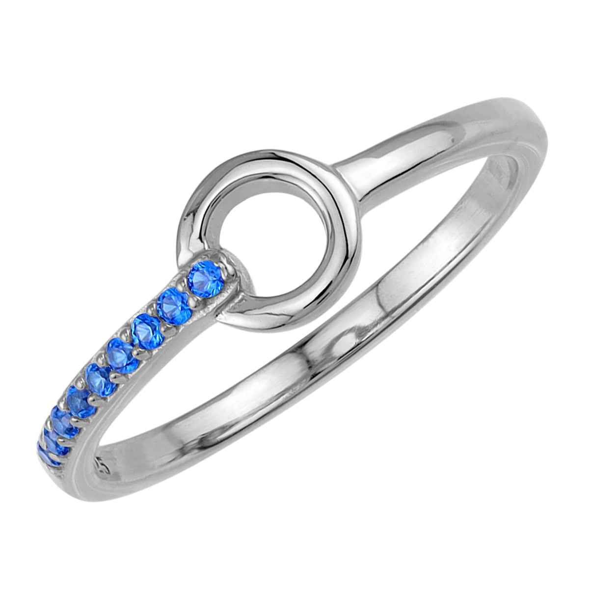 Created Blue Sapphire White Gold Plated 925 Sterling Silver Minimalist Trendy Chic Round Circle Geometric Stackable Ring