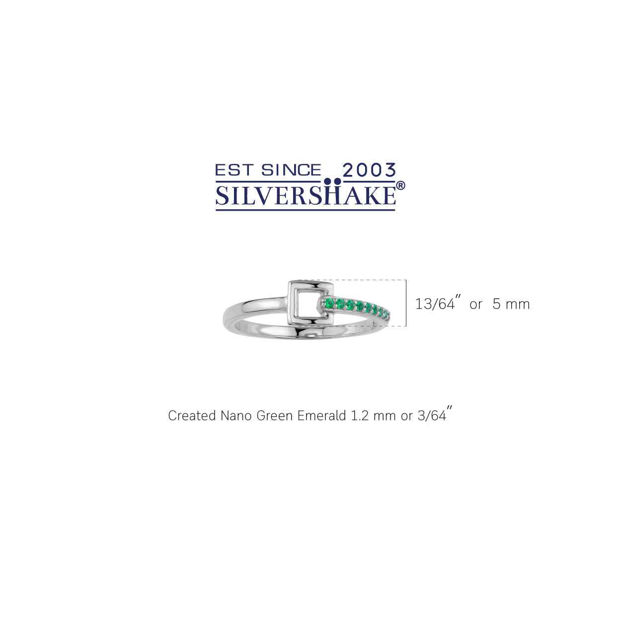 Created Nano Green Emerald White Gold Plated 925 Sterling Silver Minimalist Belt Buckle Square Geometric Stackable Ring