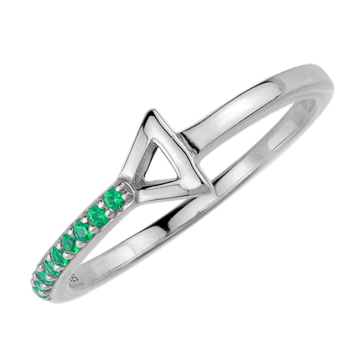 Created Nano Green Emerald White Gold Plated 925 Sterling Silver Minimalist Trendy Chic Triangle Geometric Stackable Ring