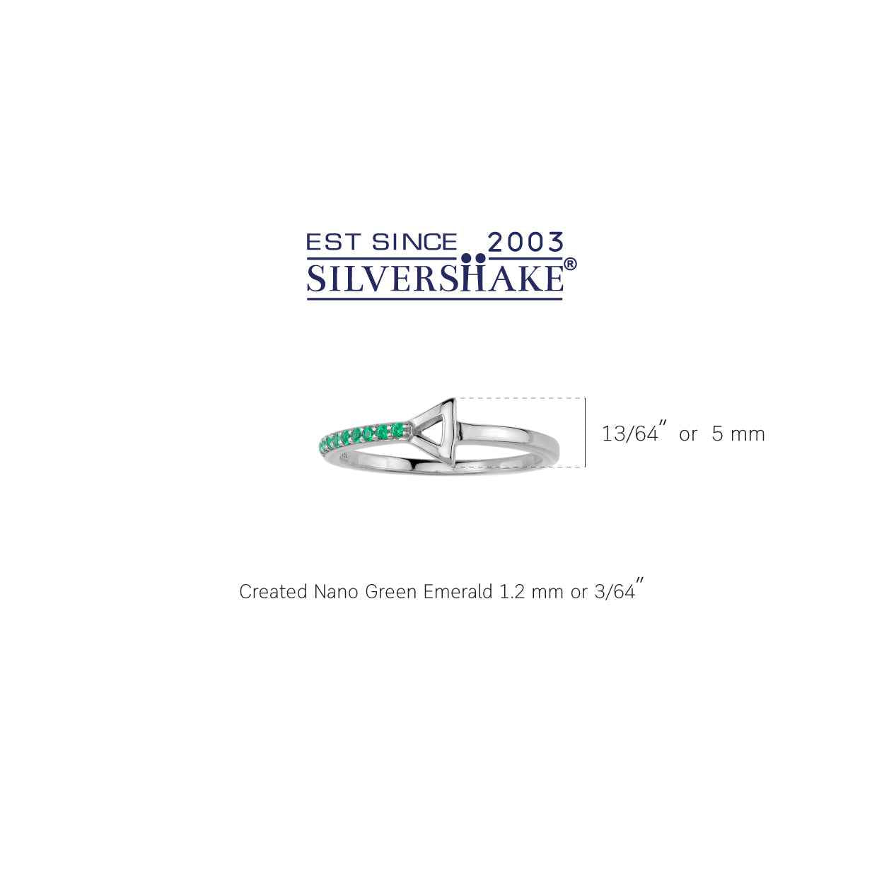 Created Nano Green Emerald White Gold Plated 925 Sterling Silver Minimalist Trendy Chic Triangle Geometric Stackable Ring