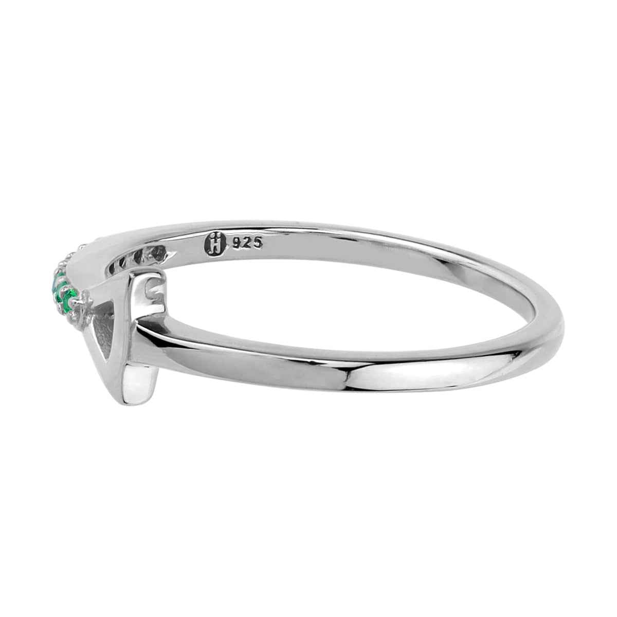 Created Nano Green Emerald White Gold Plated 925 Sterling Silver Minimalist Trendy Chic Triangle Geometric Stackable Ring